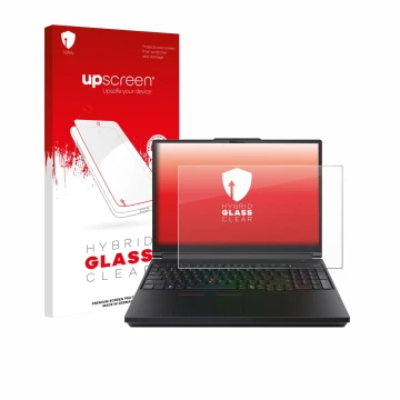 Face avant d’un emballage produit avec le logo de la marque upscreen. À côté, l’appareil Lenovo ThinkPad P16 Gen 3 est représe