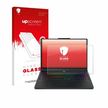 Face avant d’un emballage produit avec le logo de la marque upscreen. À côté, l’appareil Lenovo Legion Pro 5 Gen 10 16