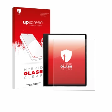 Face avant d’un emballage produit avec le logo de la marque upscreen. À côté, l’appareil eazeye Paper 2.0 est représenté avec 