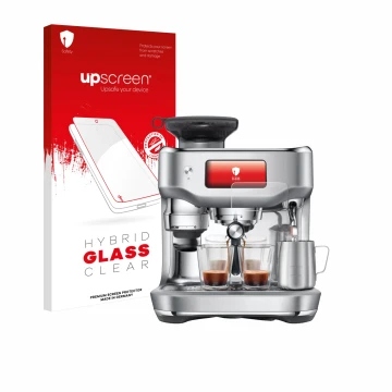 Face avant d’un emballage produit avec le logo de la marque upscreen. À côté, l’appareil Sage the Oracle Dual Boiler est repré