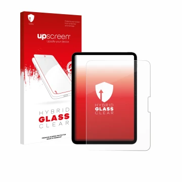 Face avant d’un emballage produit avec le logo de la marque upscreen. À côté, l’appareil Apple iPad Pro 11