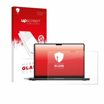 Face avant d’un emballage produit avec le logo de la marque upscreen. À côté, l’appareil Apple MacBook Pro 14