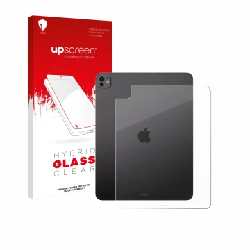 Face avant d’un emballage produit avec le logo de la marque upscreen. À côté, l’appareil Apple iPad Pro 13