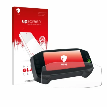 Face avant d’un emballage produit avec le logo de la marque upscreen. À côté, l’appareil Suzuki DR-Z4S 2025 est représenté ave