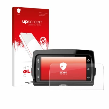 Face avant d’un emballage produit avec le logo de la marque upscreen. À côté, l’appareil Harley Davidson Soundstream Reserve W