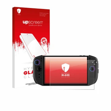 Face avant d’un emballage produit avec le logo de la marque upscreen. À côté, l’appareil Lenovo Legion Go Gen 2 est représenté