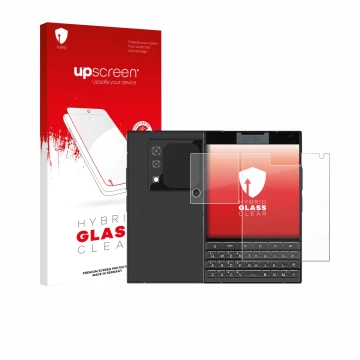 Face avant d’un emballage produit avec le logo de la marque upscreen. À côté, l’appareil Unihertz Titan 2 (Avant+Caméra) est r