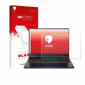 Face avant d’un emballage produit avec le logo de la marque upscreen. À côté, l’appareil Acer Predator Helios Neo 14 AI est re