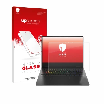 Face avant d’un emballage produit avec le logo de la marque upscreen. À côté, l’appareil HP Omen Transcend 16-u1000nl est repr