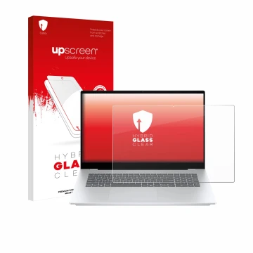 Face avant d’un emballage produit avec le logo de la marque upscreen. À côté, l’appareil HP OmniBook 7 17-dc est représenté av