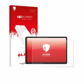 Face avant d’un emballage produit avec le logo de la marque upscreen. À côté, l’appareil Lenovo Idea Tab Plus 12.1