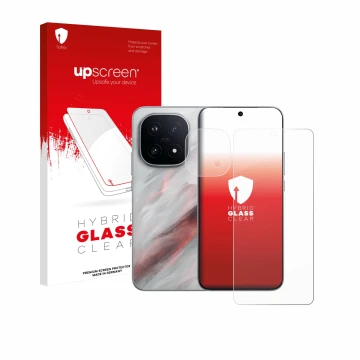 Face avant d’un emballage produit avec le logo de la marque upscreen. À côté, l’appareil Vivo iQOO 15 (Avant+Caméra) est repré