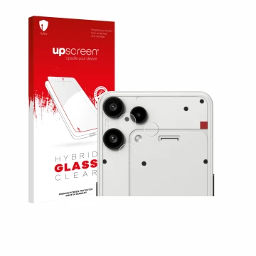 Face avant d’un emballage produit avec le logo de la marque upscreen. À côté, l’appareil Nothing Phone (3a) Lite (Caméra UNIQU