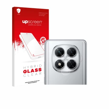 Face avant d’un emballage produit avec le logo de la marque upscreen. À côté, l’appareil Xiaomi Poco X7 (Caméra UNIQUEMENT) es