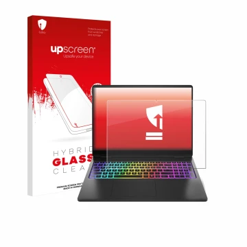 Face avant d’un emballage produit avec le logo de la marque upscreen. À côté, l’appareil HP Omen Max 16 est représenté avec la
