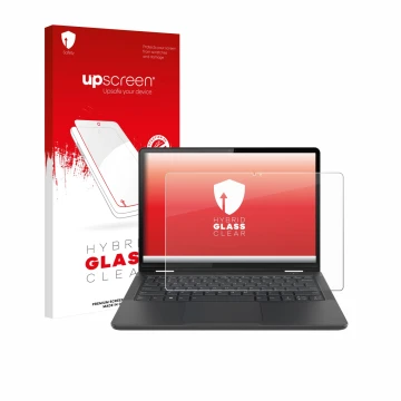 Face avant d’un emballage produit avec le logo de la marque upscreen. À côté, l’appareil Lenovo 13w Yoga Gen 2 est représenté 