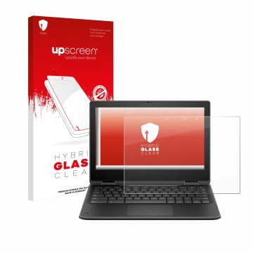 Face avant d’un emballage produit avec le logo de la marque upscreen. À côté, l’appareil HP Fortis Flip G1i 11