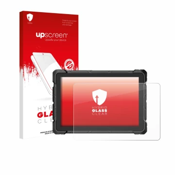 Face avant d’un emballage produit avec le logo de la marque upscreen. À côté, l’appareil Higole F7G Rugged Tablet 10.1