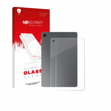 Face avant d’un emballage produit avec le logo de la marque upscreen. À côté, l’appareil Samsung Galaxy Tab A11 Plus 5G 11