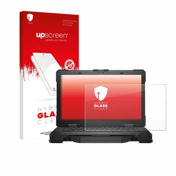Face avant d’un emballage produit avec le logo de la marque upscreen. À côté, l’appareil Dell Pro Rugged 14 Laptop est représe
