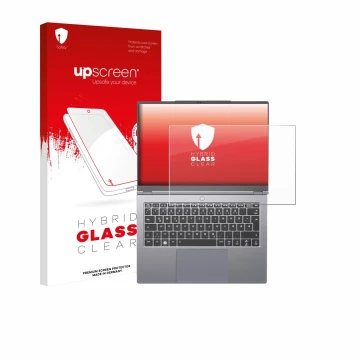 Face avant d’un emballage produit avec le logo de la marque upscreen. À côté, l’appareil Tuxedo InfinityBook Pro 14 Gen 10 est