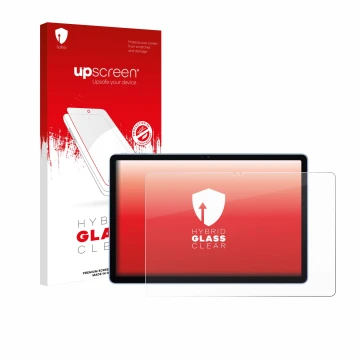 Face avant d’un emballage produit avec le logo de la marque upscreen. À côté, l’appareil Itel VistaTab 30 est représenté avec 