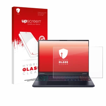 Face avant d’un emballage produit avec le logo de la marque upscreen. À côté, l’appareil Acer Predator Helios Neo 16 AI est re