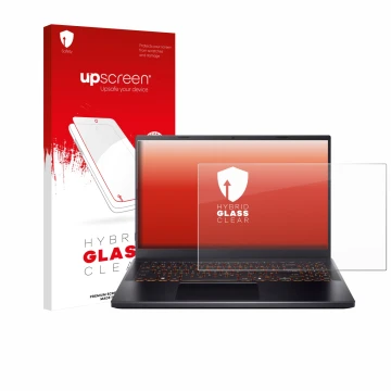 Face avant d’un emballage produit avec le logo de la marque upscreen. À côté, l’appareil Acer Nitro V 15 est représenté avec l