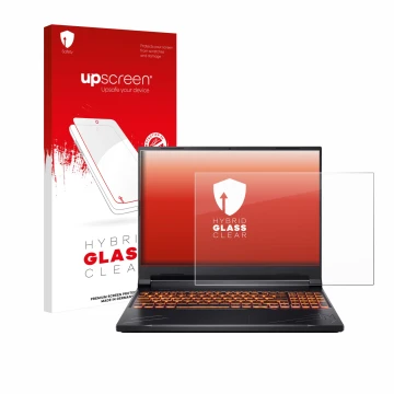 Face avant d’un emballage produit avec le logo de la marque upscreen. À côté, l’appareil Acer Nitro V 16 est représenté avec l