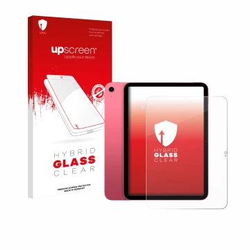 Face avant d’un emballage produit avec le logo de la marque upscreen. À côté, l’appareil Apple iPad A16 11