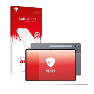 Face avant d’un emballage produit avec le logo de la marque upscreen. À côté, l’appareil Samsung Galaxy Tab S10 Ultra (Avant+C