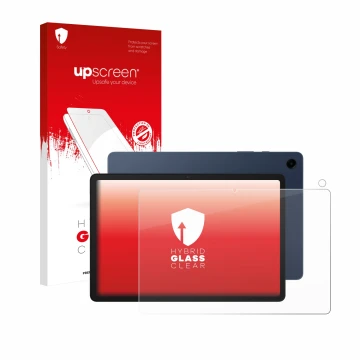 Face avant d’un emballage produit avec le logo de la marque upscreen. À côté, l’appareil Samsung Galaxy Tab A9 Plus (Avant+Cam