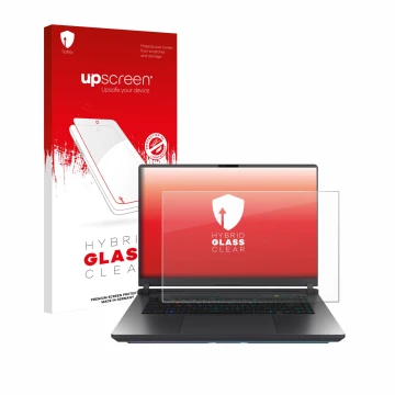 Face avant d’un emballage produit avec le logo de la marque upscreen. À côté, l’appareil ASUS ROG Strix G16 2025 est représent