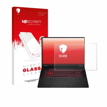 Face avant d’un emballage produit avec le logo de la marque upscreen. À côté, l’appareil ASUS TUF Gaming A18 2025 est représen