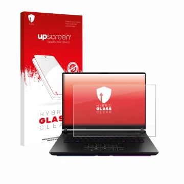 Face avant d’un emballage produit avec le logo de la marque upscreen. À côté, l’appareil ASUS ROG Strix SCAR 18 2025 est repré