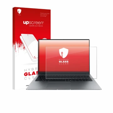 Face avant d’un emballage produit avec le logo de la marque upscreen. À côté, l’appareil Honor MagicBook X16 Plus 2025 est rep