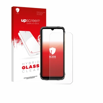 Face avant d’un emballage produit avec le logo de la marque upscreen. À côté, l’appareil Blackview Fort 1 est représenté avec 