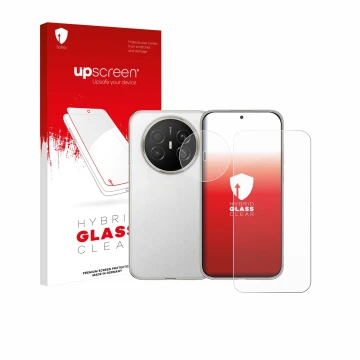 Face avant d’un emballage produit avec le logo de la marque upscreen. À côté, l’appareil Huawei Mate 70 Air (Avant+Caméra) est