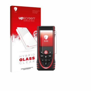 Face avant d’un emballage produit avec le logo de la marque upscreen. À côté, l’appareil Leica DISTO X3 est représenté avec la