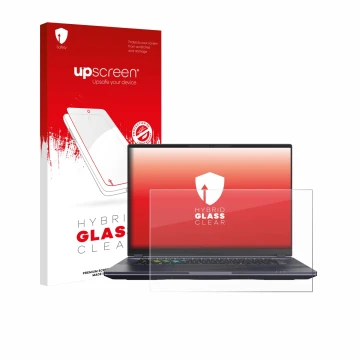 Face avant d’un emballage produit avec le logo de la marque upscreen. À côté, l’appareil Gigabyte AORUS 16X 2024 est représent