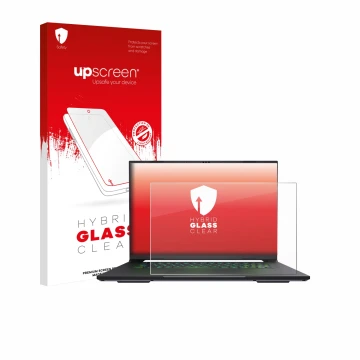 Face avant d’un emballage produit avec le logo de la marque upscreen. À côté, l’appareil Gigabyte AERO X16 2025 est représenté