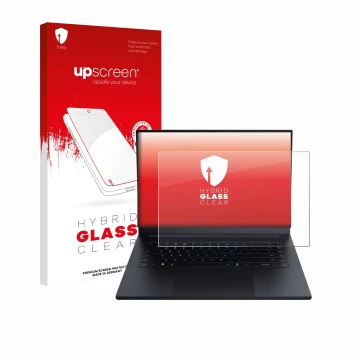 Face avant d’un emballage produit avec le logo de la marque upscreen. À côté, l’appareil Razer Blade 16 2025 est représenté av