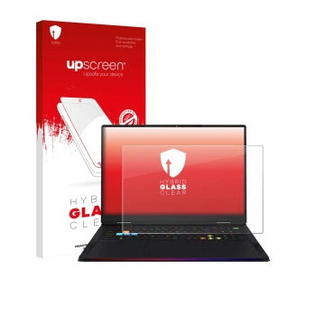 Face avant d’un emballage produit avec le logo de la marque upscreen. À côté, l’appareil MSI Raider A18 HX est représenté avec