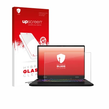 Face avant d’un emballage produit avec le logo de la marque upscreen. À côté, l’appareil MSI Vector 16 HX AI est représenté av