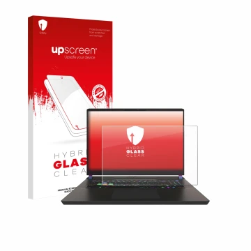 Face avant d’un emballage produit avec le logo de la marque upscreen. À côté, l’appareil MSI Vector 17 HX est représenté avec 