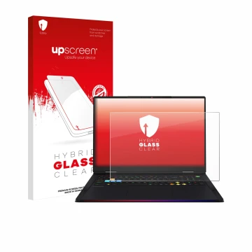 Face avant d’un emballage produit avec le logo de la marque upscreen. À côté, l’appareil MSI Raider 18 HX AI 2025 est représen