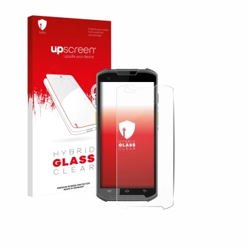 Face avant d’un emballage produit avec le logo de la marque upscreen. À côté, l’appareil Newland MT93 est représenté avec la p
