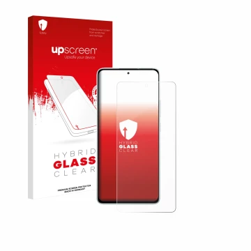 Face avant d’un emballage produit avec le logo de la marque upscreen. À côté, l’appareil Xiaomi Redmi Note 14 5G est représent