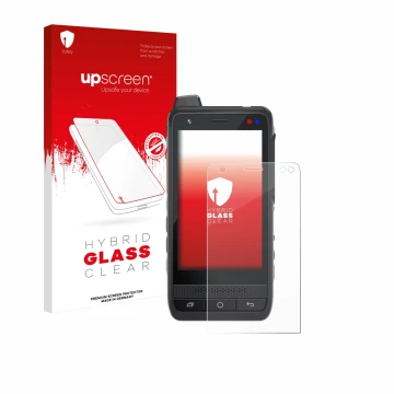 Face avant d’un emballage produit avec le logo de la marque upscreen. À côté, l’appareil Uniwa F400 est représenté avec la pro