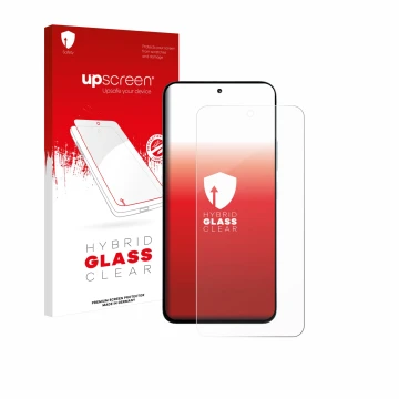 Face avant d’un emballage produit avec le logo de la marque upscreen. À côté, l’appareil Xiaomi Poco M7 Plus est représenté av